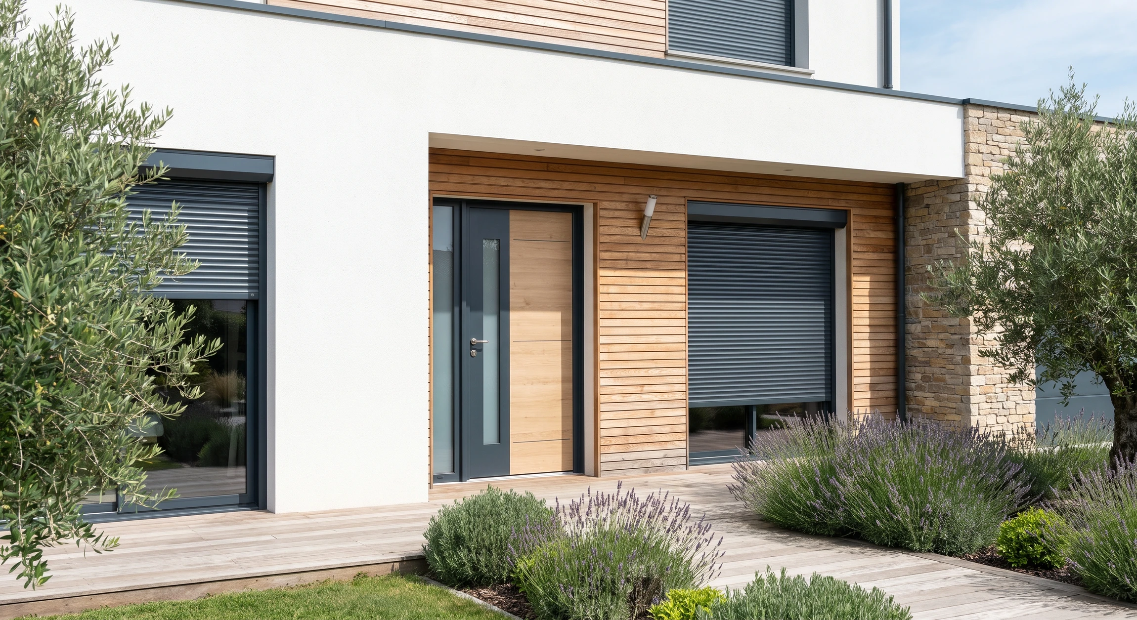 Photographie professionnelle d'une façade de maison contemporaine avec une porte d'entrée en bois massif ou aluminium récemment posée, vitrée partiellement, s'ouvrant sur un jardin paysagé. La porte doit être le point focal central de l'image, parfaitement posée et alignée, avec des volets assortis visibles sur la façade. La scène doit refléter une installation de qualité premium, avec un rendu visuel clair, bien éclairé et professionnel, illustrant le savoir-faire artisanal et la transformation d'une habitation par la menuiserie extérieure.