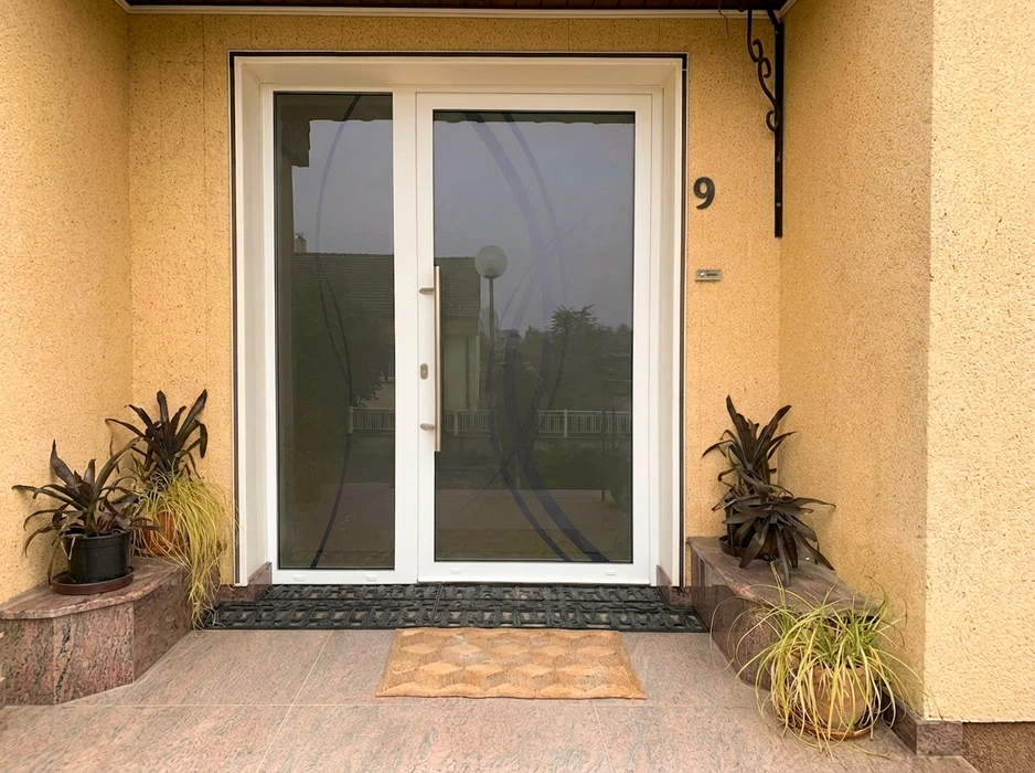 Entrée extérieure d'une maison individuelle, numéro 9, avec plantes décoratives de part et d'autre