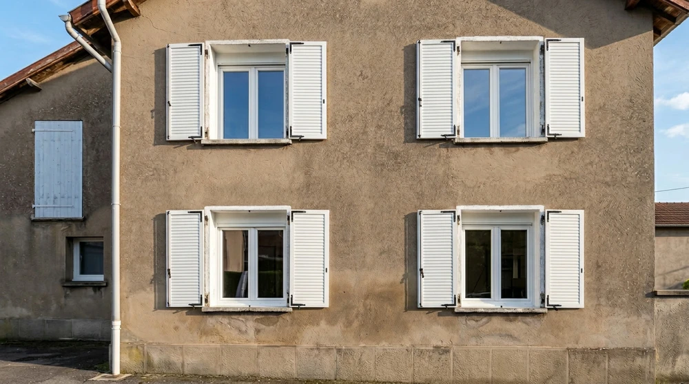Façade d'une maison ancienne en crépi beige, deux niveaux, quatre fenêtres PVC blanc avec volets battants à lames persiennées blancs ouverts, disposées en grille symétrique 2x2