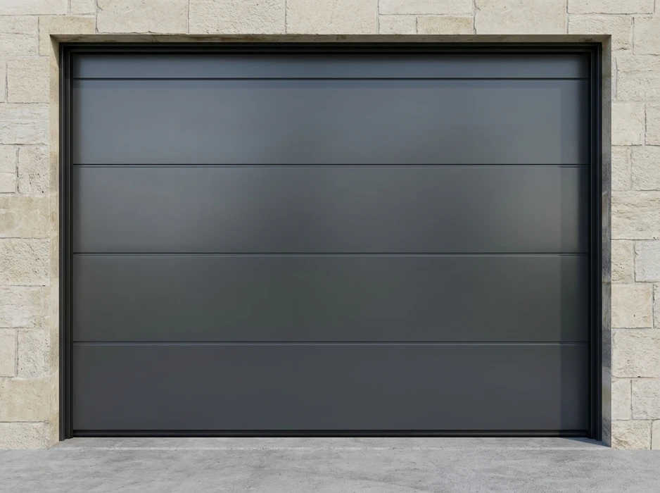Porte de garage sectionnelle moderne, anthracite mat, composée de 5 panneaux horizontaux à joints plats style "lisse contemporain"