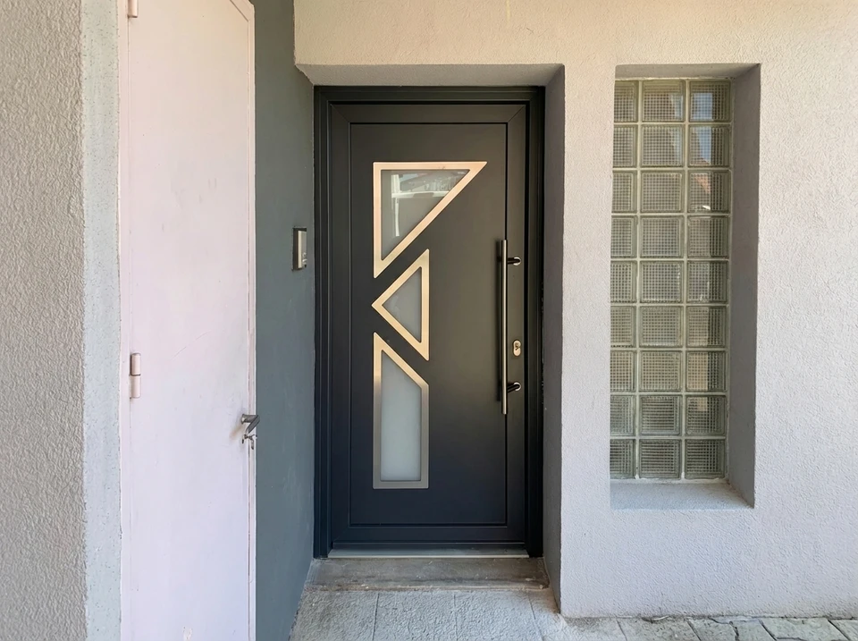 Entrée extérieure d'une maison avec une porte d'entrée moderne à vitrage pleine hauteur