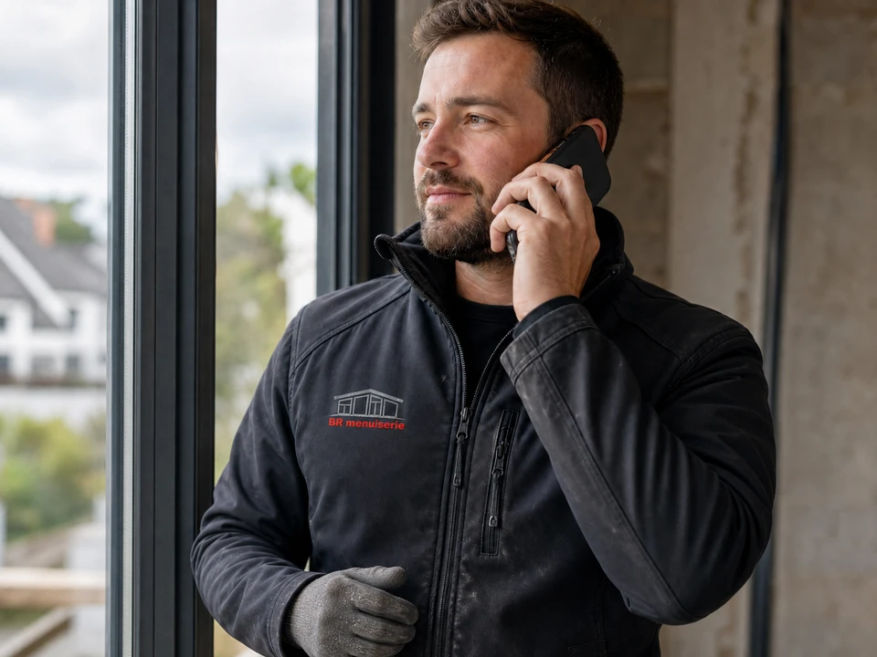 Photographie d'une équipe de 3-4 professionnels (menuisiers et commerciaux) dans un atelier ou sur un chantier, travaillant ensemble de manière collaborative et engagée. Les personnes portent des vêtements professionnels ou des tenues de travail. On peut voir des outils de menuiserie, des matériaux de fenêtres ou de portes en arrière-plan. L'atmosphère doit transmettre la confiance, la professionnalité et l'esprit d'équipe. L'image doit être prise sous un éclairage naturel ou professionnel, sans texte visible, et montrer une dynamique de travail positif et bienveillant.