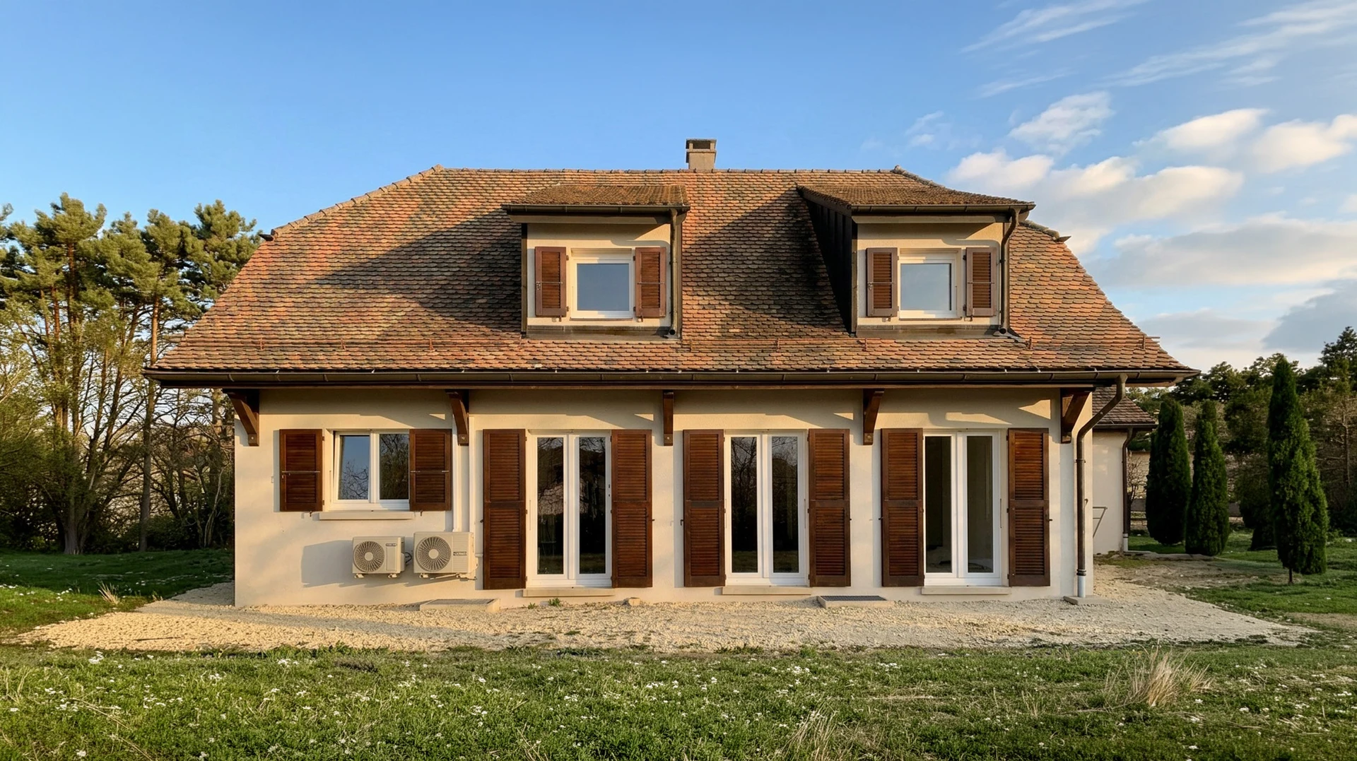 Façade extérieure d'un bâtiment traditionnel avec fenêtres à carreaux et volets en bois peints en jaune vif