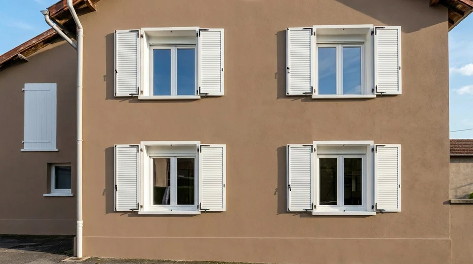 Fenêtre aux volets en bois, décoration des fenêtres, mur aux belles fenêtres, maison aux volets, maison de village aux fenêtres en bois, volets extérieurs décoratifs, volets en bois ouvert